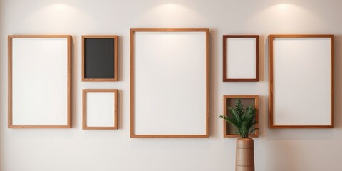 Fototapeta premium Modern Minimalist Gallery Wall with Empty Frames and Potted Plant