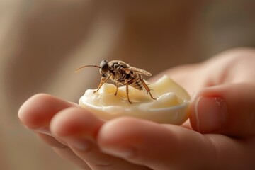 Fly is perched on a spoonful of cream, indulging in its sweetness