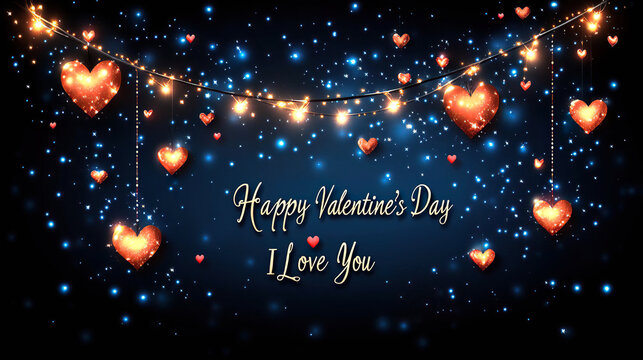 Hanging illuminated hearts on a dark blue background with glowing stars and the message "Happy Valentine's Day, I Love You". Generated with AI.