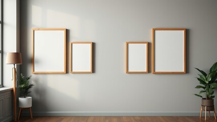 Modern minimalist interior with four empty wooden picture frames, potted plants and floor lamp