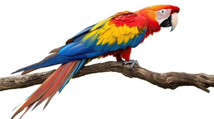 Fototapeta premium A vibrant scarlet macaw perched on a branch, showcasing its colorful feathers.