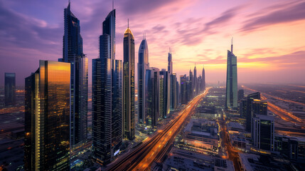 Obraz premium A vibrant cityscape at dusk, with tall glass skyscrapers illuminated by office lights, symbolizing a thriving business district.