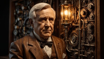 A serene wooden carving of Thomas Edison, depicted with a light bulb and a glowing aura around him, surrounded by carved electrical symbols and gears.