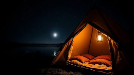 Tent entrance open, facing calm moonlit lake under starry night sky. Glowing lantern illuminates soft blankets inside. Lake reflects starlight, fireflies hover near water