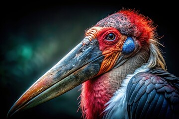 Fototapeta premium Close-Up Night Portrait of a Bald Red-Headed Marabou Stork