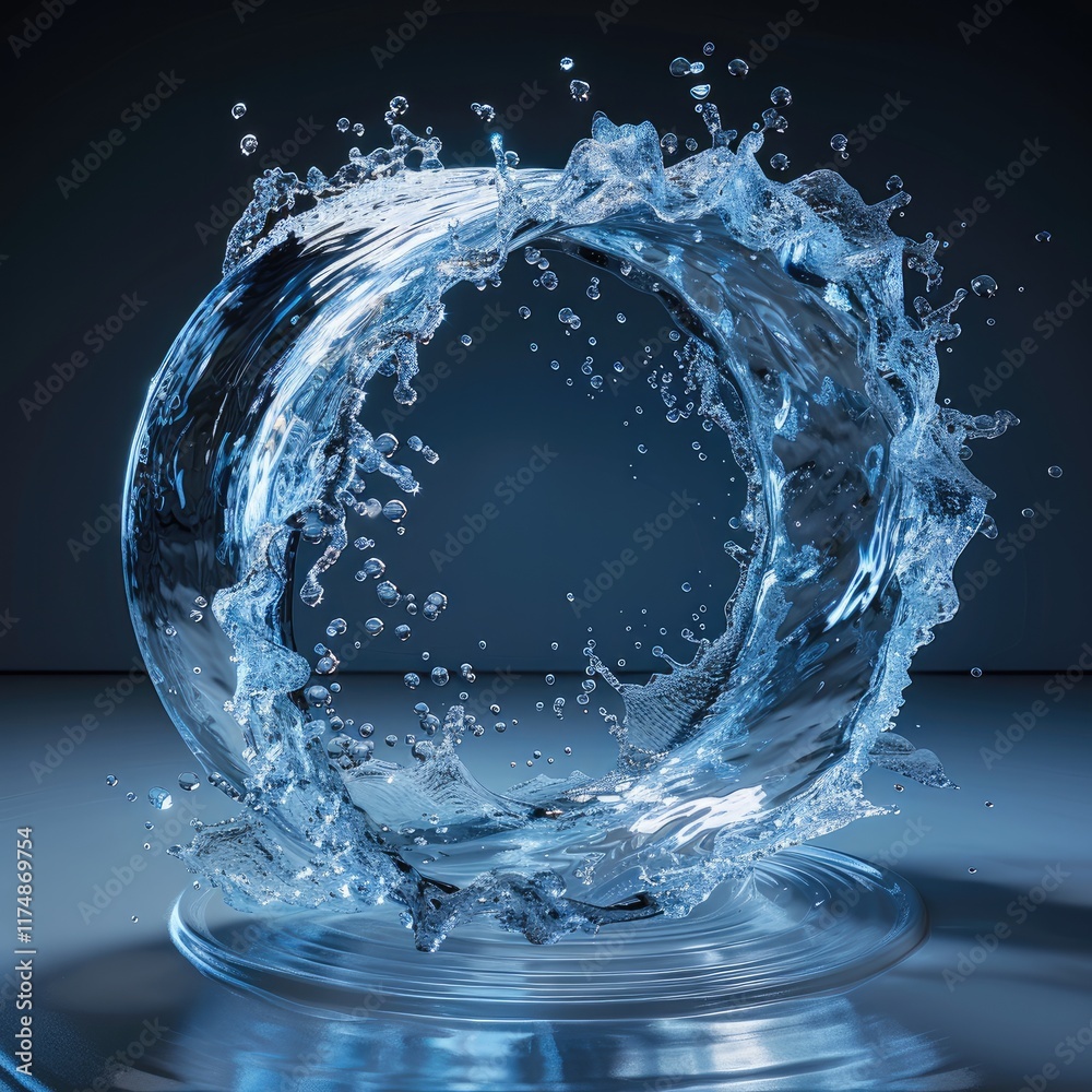 Poster A semi-circular water shield made of dynamic, flowing water with splashes and ripples, forming a protective arc. Transparent, glossy texture with reflections and highlight.