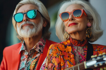 Obraz premium Stylish elderly couple enjoying music in vibrant clothing with sunglasses outdoors
