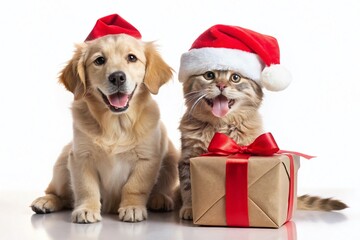 Happy Puppy and Kitten in Santa Hats with Gift Box - Christmas Pet Stock Photo