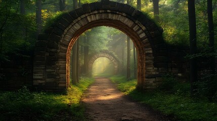 Obraz premium Enchanting forest path winding through ancient stone archways illuminated by soft warm morning light filtering through the lush verdant foliage