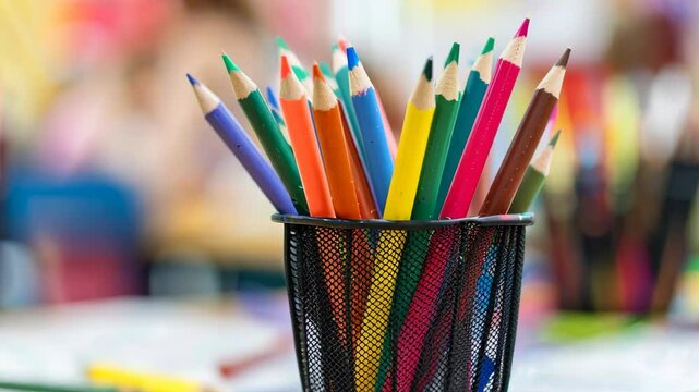 Vibrant Colored Pencils in Holder on Blurred Classroom Table