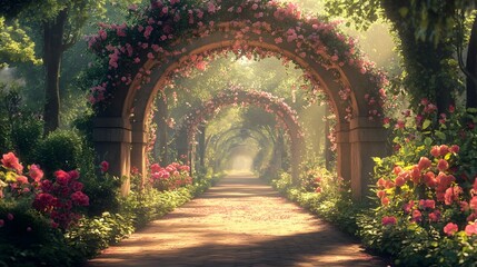 Fototapeta premium Serene and Enchanting Garden Archway Surrounded by a Vibrant Display of Blooming Flowers and Gentle Sunlight Filtering Through the Lush Foliage Creating a Truly Idyllic and Picturesque Landscape