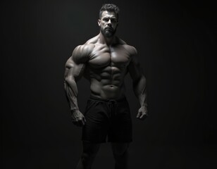 Naklejka premium A Powerful Portrait: Muscular Man Posing Against a Dark Background, Displaying Strength, Fitness, and Athleticism. A Dramatic Studio Shot Emphasizing Physical Conditioning and Bodybuilding.