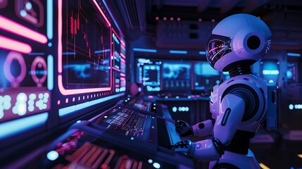 Fototapeta premium A futuristic robot working on advanced machine learning algorithms, visualizing AI-driven predictions and deep learning results on multiple digital screens.