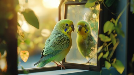 Obraz premium A vibrant budgerigar gazes at its reflection in a mirror, surrounded by lush greenery and warm sunlight.