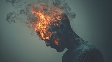 man head engulfed flames smoke dark background low key lighting