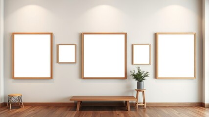 Minimalist gallery wall with empty frames, wooden bench, and stool