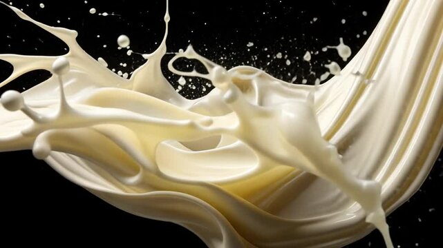 Creamy Wave: A dynamic splash of cream against a black background, showcasing its rich texture and fluidity. The image evokes a sense of luxury and indulgence. 