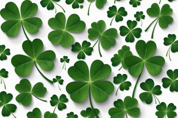 Fototapeta premium Four leaf clover background with shamrocks and green leaves for St Patrick's Day celebration