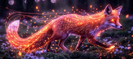 A radiant fox dashing through a misty forest, creating illuminating trails with every step