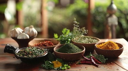 Colorful assortment of Indian food spices and herbs beautifully arranged on a table