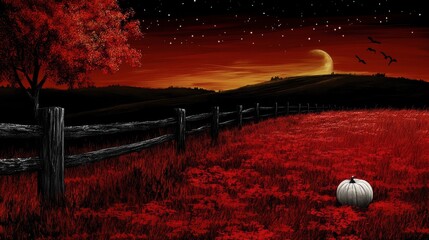 Crimson Night A crescent moon illuminates a red field under a starlit sky