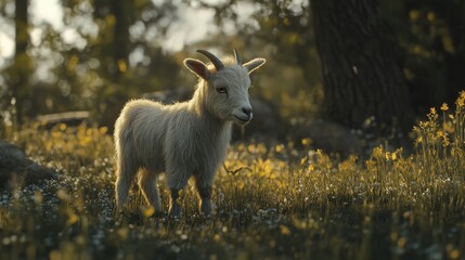 Naklejka premium A young white goat standing in a sunlit forest with wildflowers, exuding a playful and serene vibe.