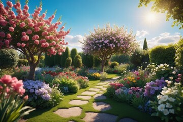 Obraz premium Bright garden in the park with colorful blooming flowers and lush greenery in spring