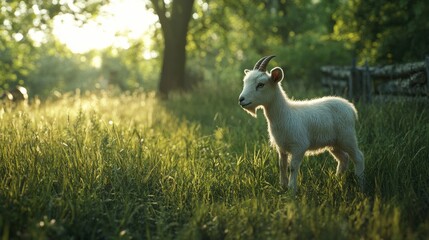 Obraz premium A young white goat stands gracefully in a sunlit meadow, surrounded by lush green grass and trees.