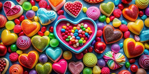Fototapeta premium Heart-Shaped Candies: Sweet Valentine's Day Treats, Colorful Candy Photography