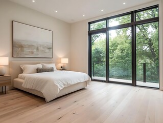 Minimalist bedroom with blurred background of bedside lamps and decor 