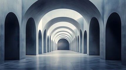 Obraz premium A symmetrical pattern of arched corridors in a bright minimalist museum or gallery setting The high ceilinged hallway features a clean