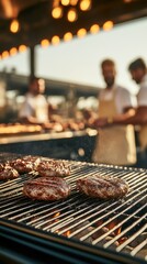 Grilled meat sizzling on a barbecue grill, with chefs in the background under warm lighting, setting an inviting evening atmosphere.
