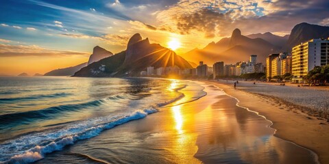 Golden sunrise paints Rio's Copacabana and Praia Vermelha, a breathtaking landscape.