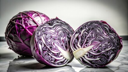 Fototapeta premium Sliced red cabbage, half revealed, against a pure white background. Stunning food image.