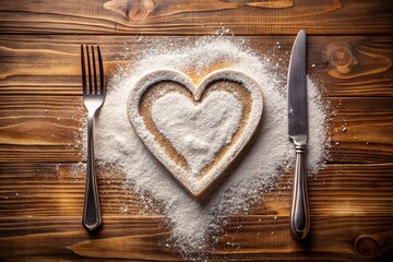 Heart-Shaped Food Setup: Aerial View of Fork, Knife, Plate & Flour
