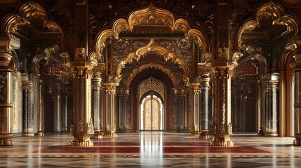 Ornate and Grandiose Ceremonial Archway Adorned with Intricate Gold and Ornamental Designs in the Majestic Interior of an Asian Palace or Temple
