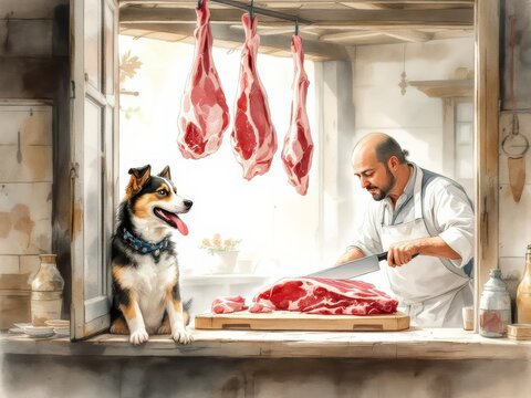 Butcher cutting meat with dog watching in a vintage butcher shop