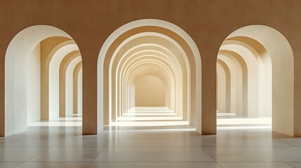 Obraz premium Architectural interior featuring a symmetrical pattern of arched passageways in a clean minimalist museum setting The space is characterized by a harmonious balance of light shadow