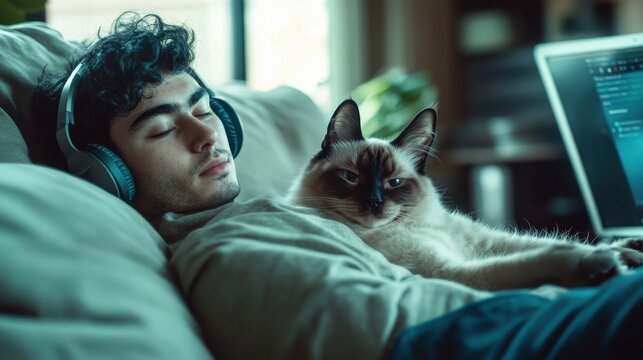 A young man with wavy hair enjoying a peaceful moment with his cat while listening to music at home. - Powered by Adobe