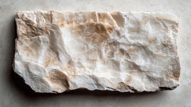 Raw, unpolished alabaster slab with beige and white hues, irregular shape, rough texture.