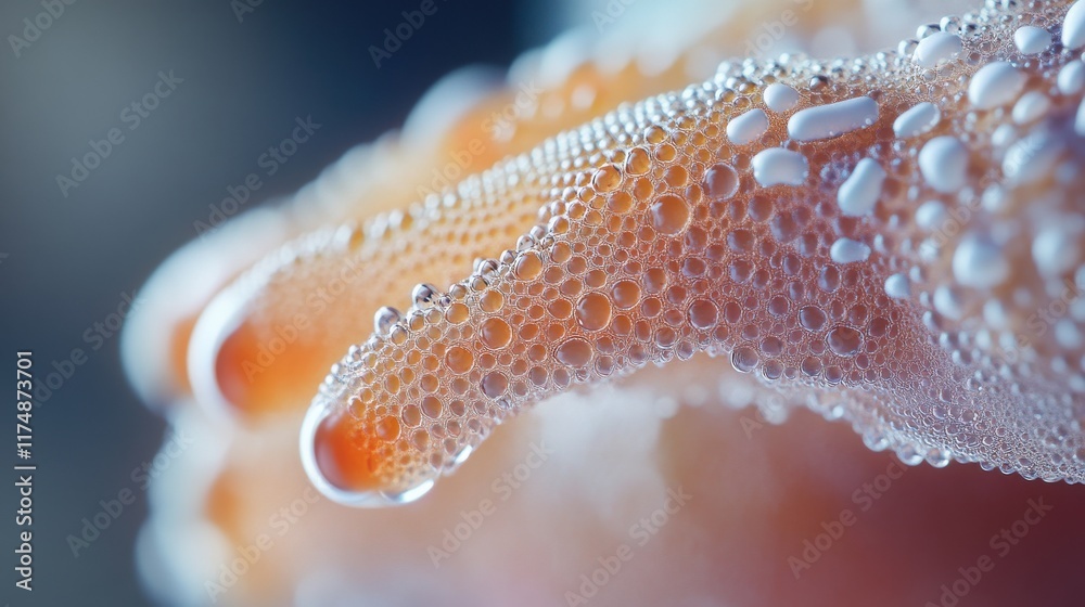 Poster close-up of a hand covered in bubbles, creating an intriguing texture and visual effect.
