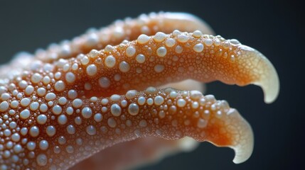 Close-up of a reptile's claw covered in water droplets, showcasing intricate textures and colors.
