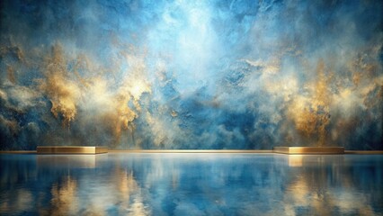 Obraz premium Reflective Floor with Golden Platforms and a Blue and Gold Abstract Wall