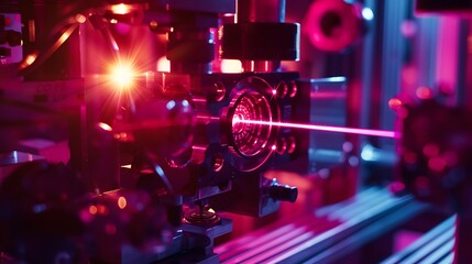 A glowing laser beam inside a computer processing unit, representing the intersection of optical technology and AI algorithms in high-speed data processing.


