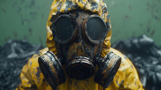 A person wearing a worn-out yellow hazmat suit and a gas mask, lightly covered with black ash.