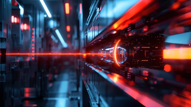A glowing laser beam inside a computer processing unit, representing the intersection of optical technology and AI algorithms in high-speed data processing.