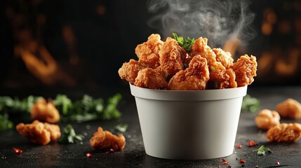 A gourmet bucket filled with crispy fried chicken pieces is surrounded by hints of smoke and freshly cut herbs, symbolizing the combination of junk food and irresistible flavor.
