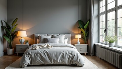 A cozy gray-toned studio room with soft lighting creates a comfortable and inviting space.