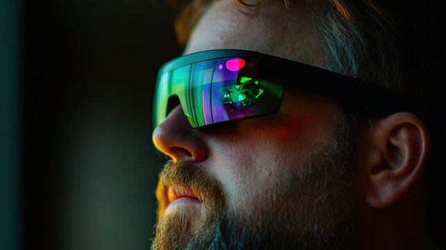 A man experiences augmented reality through smart glasses. These AR glasses offer immersive experiences for gaming, navigation, and data visualization. - Powered by Adobe