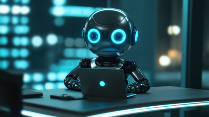 Futuristic AI robot working at an office desk, representing advanced artificial intelligence and technology innovation.